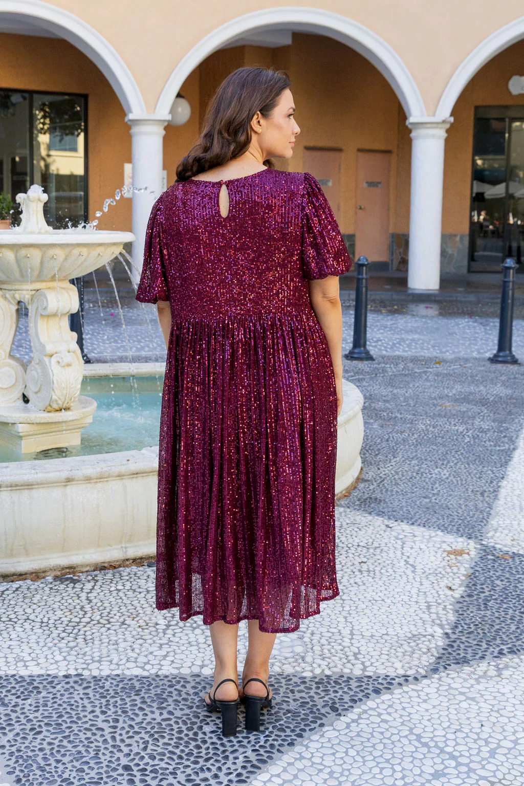 Glimmer Sequin Midi Dress in Wine - Image 11