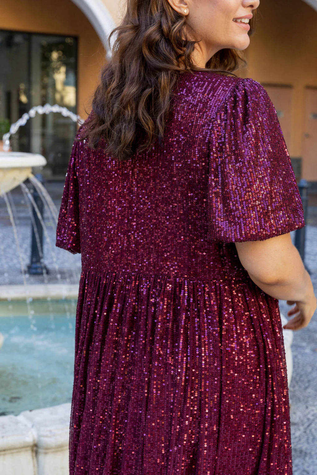 Glimmer Sequin Midi Dress in Wine - Image 12
