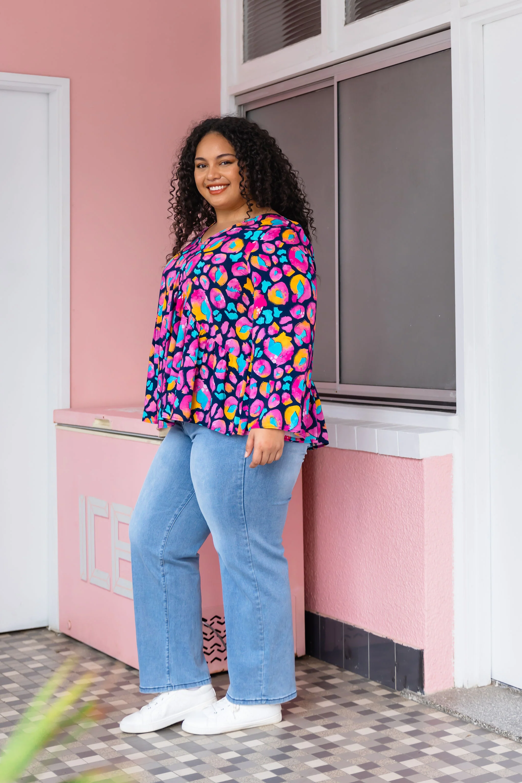 Long Sleeve Peak Top in Magenta Leopard by Kasey Rainbow - Image 19