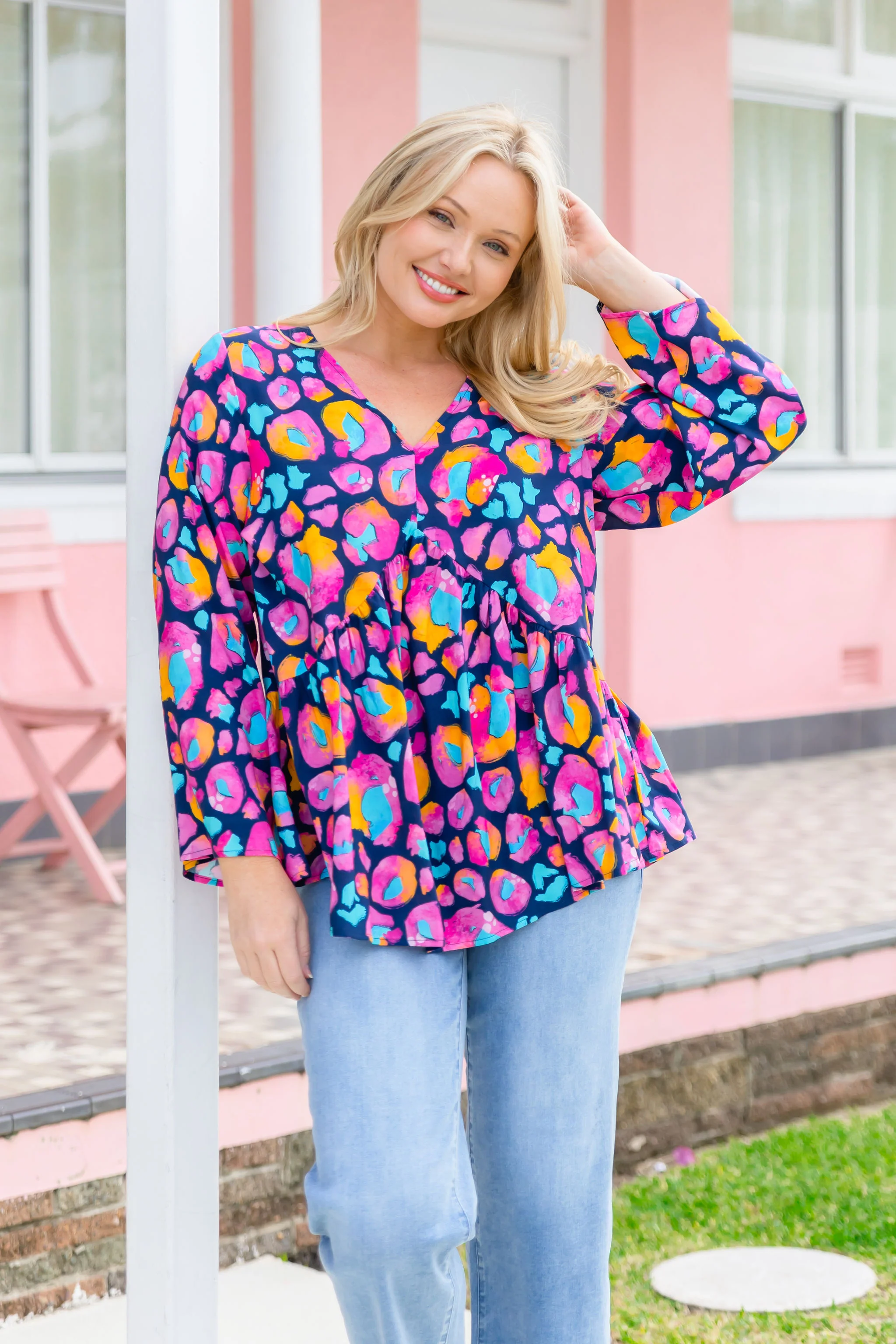 Long Sleeve Peak Top in Magenta Leopard by Kasey Rainbow - Image 3