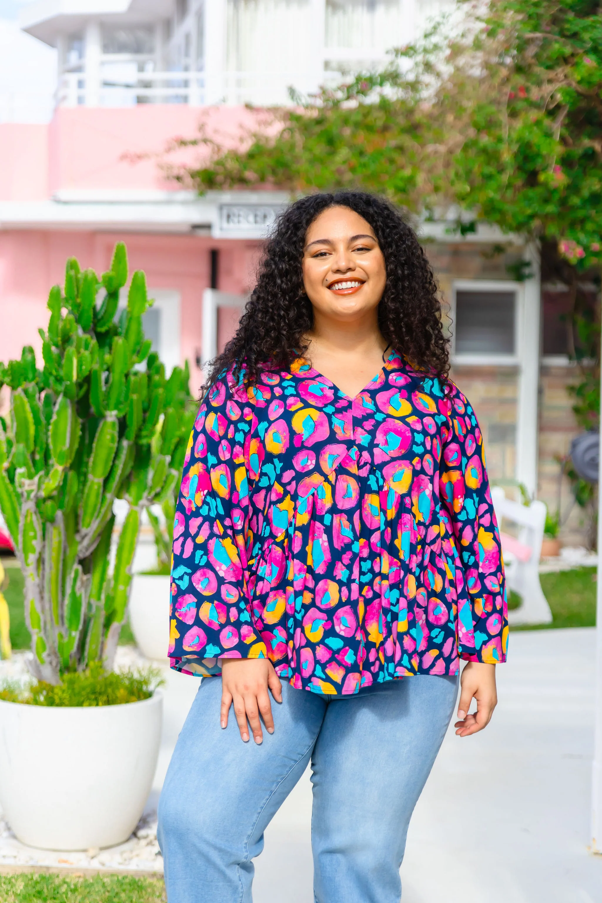 Long Sleeve Peak Top in Magenta Leopard by Kasey Rainbow - Image 4