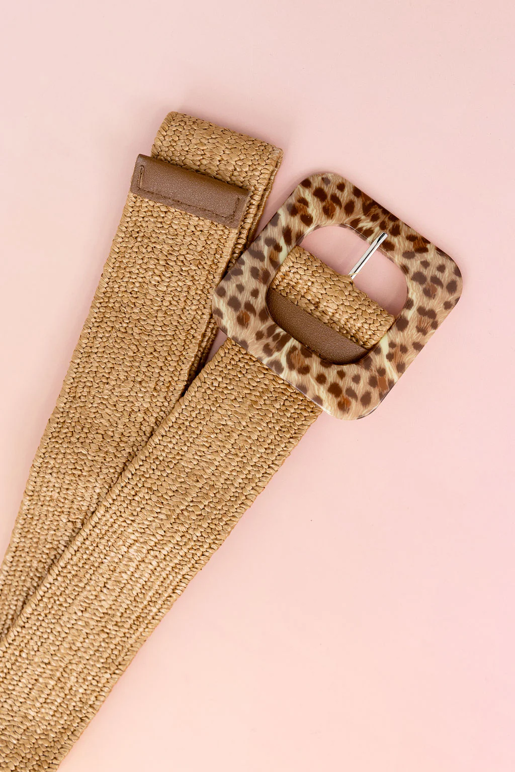 Extra Length Stretch Belt with Leopard Buckle in Sand - Image 4